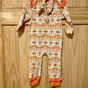 Ricrac & Ruffles Romper (mint & orange Aztec)